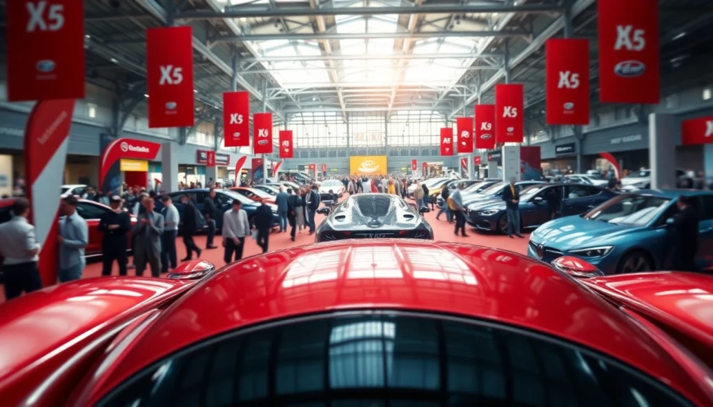 Engaging atmosphere at an Auto Cars Show, featuring a futuristic vehicle and vibrant exhibition.