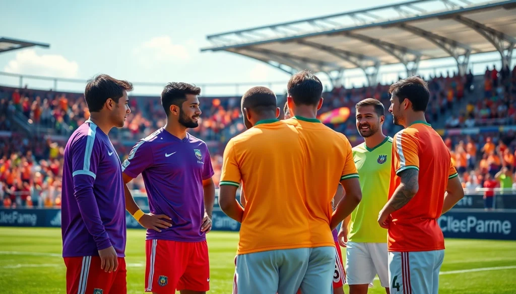 Players in dynamic action wearing team football kits during a sunny match.