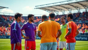 Players in dynamic action wearing team football kits during a sunny match.