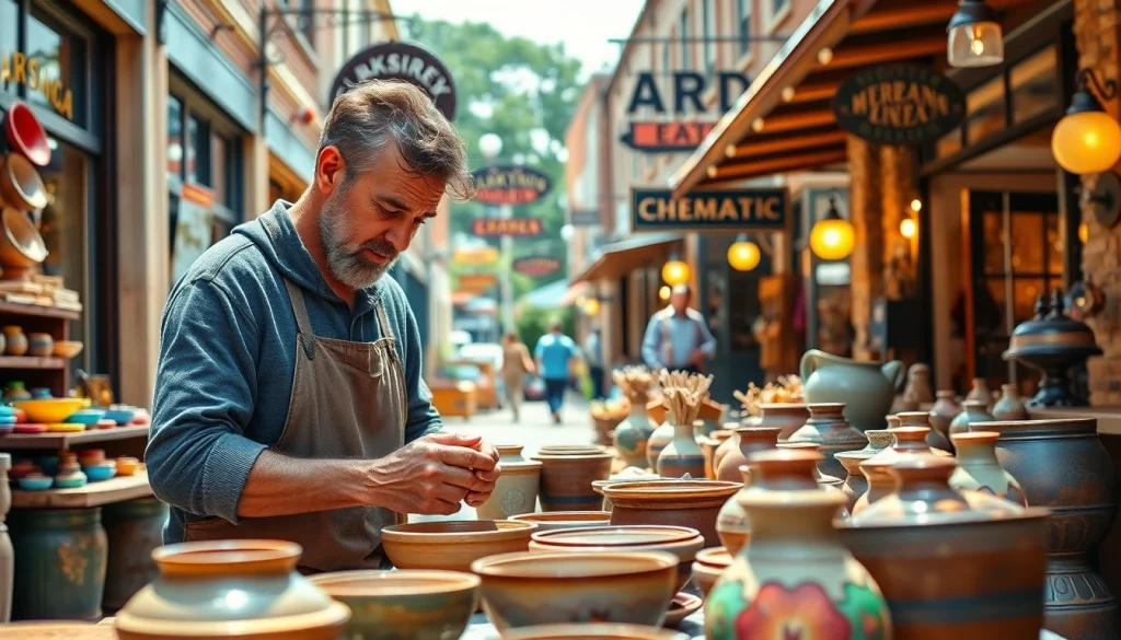 Craftsman working on pottery in Clarksburg surrounded by colorful handmade goods.