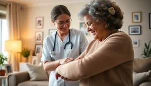 Engaging scene depicting austin senior home care with a caregiver supporting a senior in a cozy home environment.