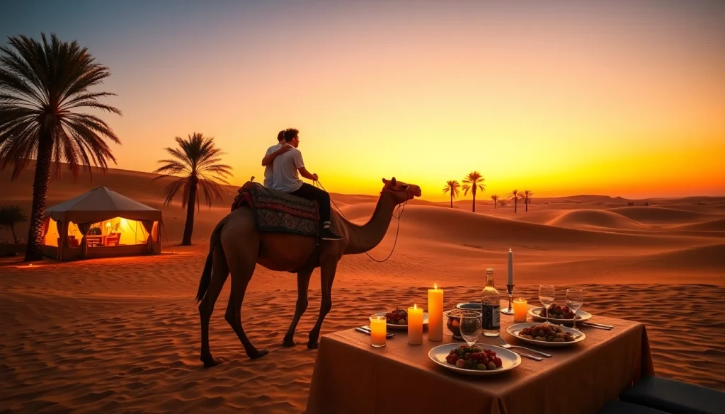 Agafay desert camel ride and dinner with a show during sunset, highlighting a couple on a camel against stunning dunes.