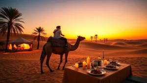 Agafay desert camel ride and dinner with a show during sunset, highlighting a couple on a camel against stunning dunes.