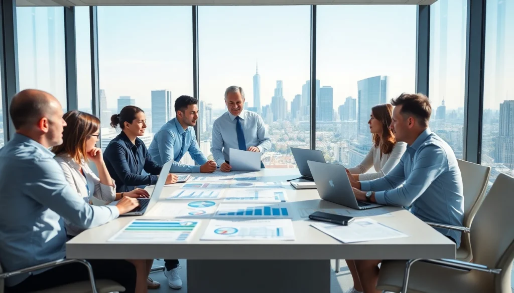 Crisis management consultant advising a diverse team in a modern office, fostering strategic collaboration.