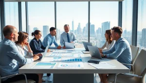 Crisis management consultant advising a diverse team in a modern office, fostering strategic collaboration.