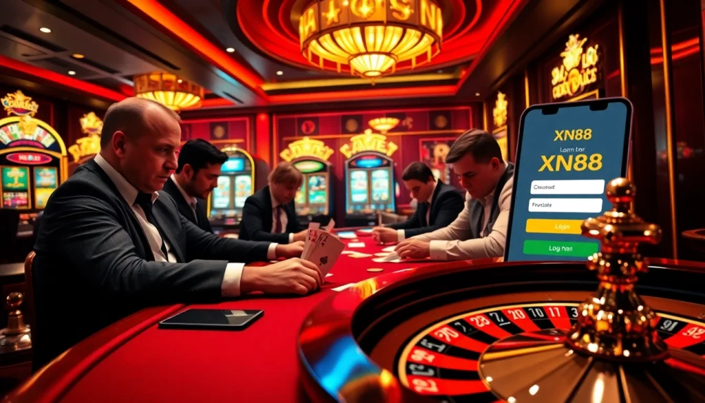 Experience the thrill of Đăng Nhập XN88 with a dynamic casino scene featuring poker and slots.