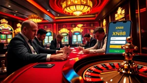 Experience the thrill of Đăng Nhập XN88 with a dynamic casino scene featuring poker and slots.