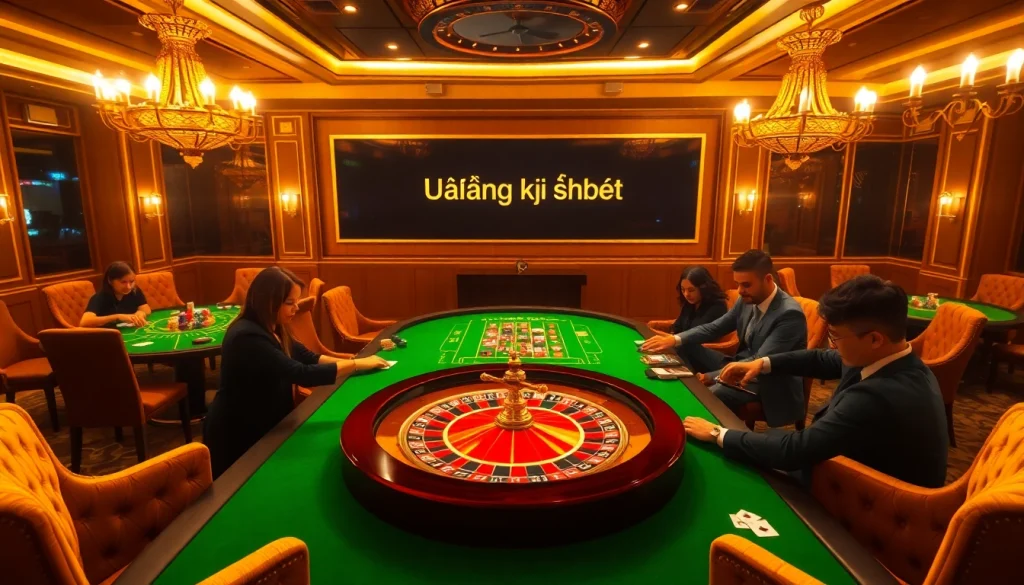 Engaging scene of players enjoying casino games, with đăng ký shbet invitation visible.