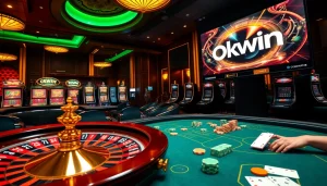 Okwin gaming platform showcased in a vibrant casino scene with roulette wheels and excited players.
