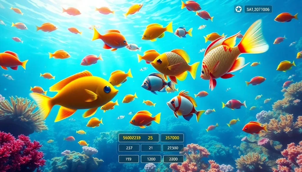 Bắn cá đổi thưởng action scene featuring colorful fish and scores on a digital interface.