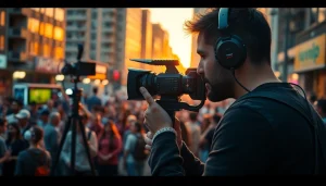 Videographer capturing an event in a lively urban environment with professional equipment.