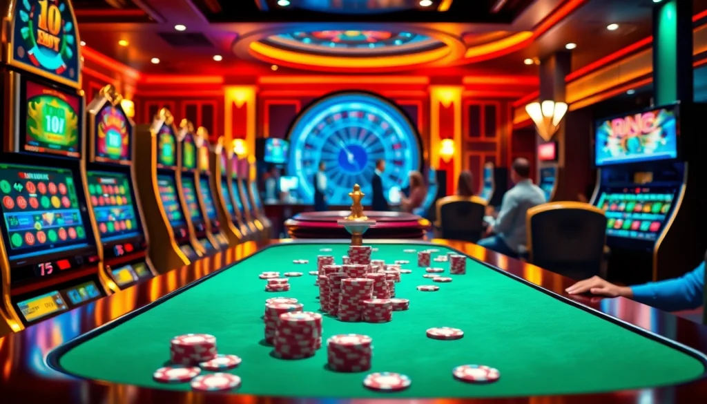 Engaged players enjoying birutoto at a luxurious casino with vibrant slot machines and poker chips.