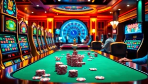 Engaged players enjoying birutoto at a luxurious casino with vibrant slot machines and poker chips.