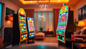 Main visual of slot deposit 1000 qris in an inviting home casino atmosphere, featuring a bright slot machine.