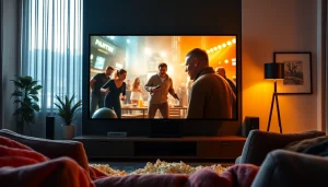 เว็บดูหนังออนไลน์ฟรี 24 ชั่วโมง แสดงภาพบรรยากาศการดูหนังในบ้านที่อบอุ่นพร้อมกับผู้ชมสนุกสนาน