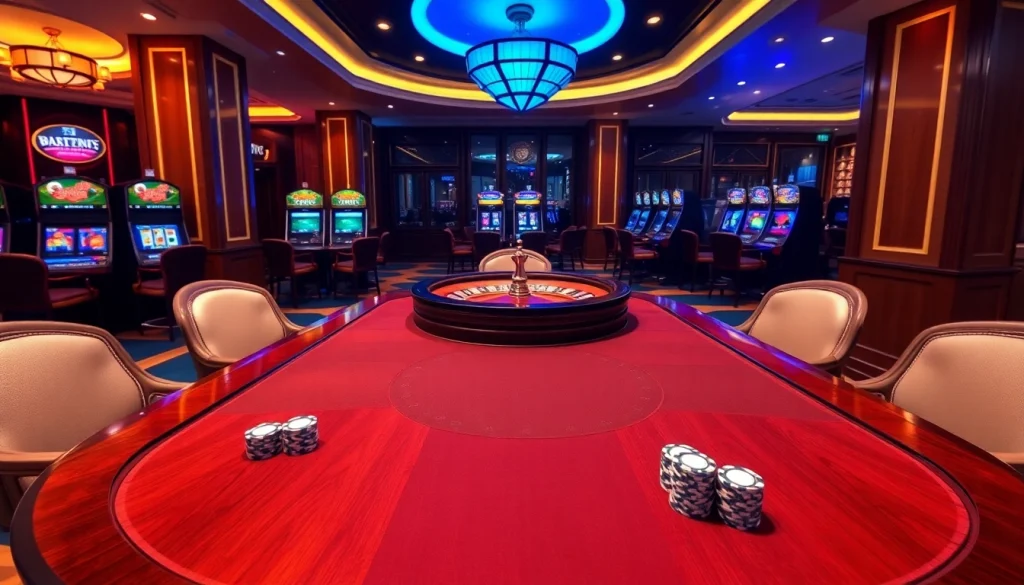 An engaging poker scene at 888b com casino, featuring players, chips, and a roulette wheel.