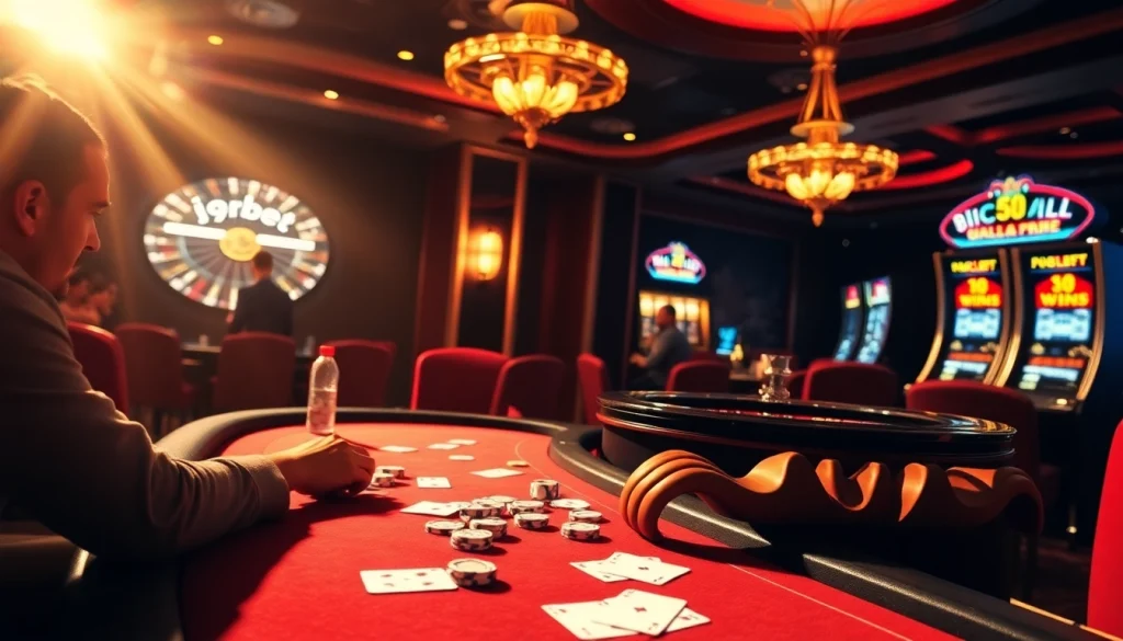 Players celebrating a big win at an i9bet poker table amidst luxury casino ambiance.