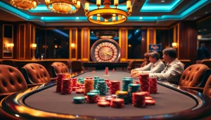 Experience the excitement of net win at a luxurious casino table with colorful chips and a spinning roulette wheel.