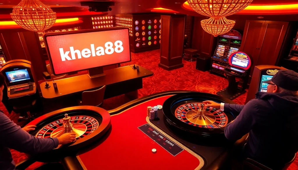 Khela88 লগইন করুন at a vibrant casino scene with poker tables and roulette wheels.