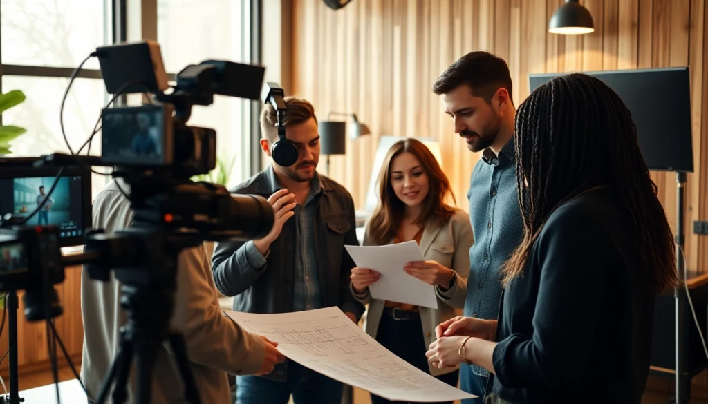 Showcasing a Creative Video Production Agency team collaborating in a modern studio environment.