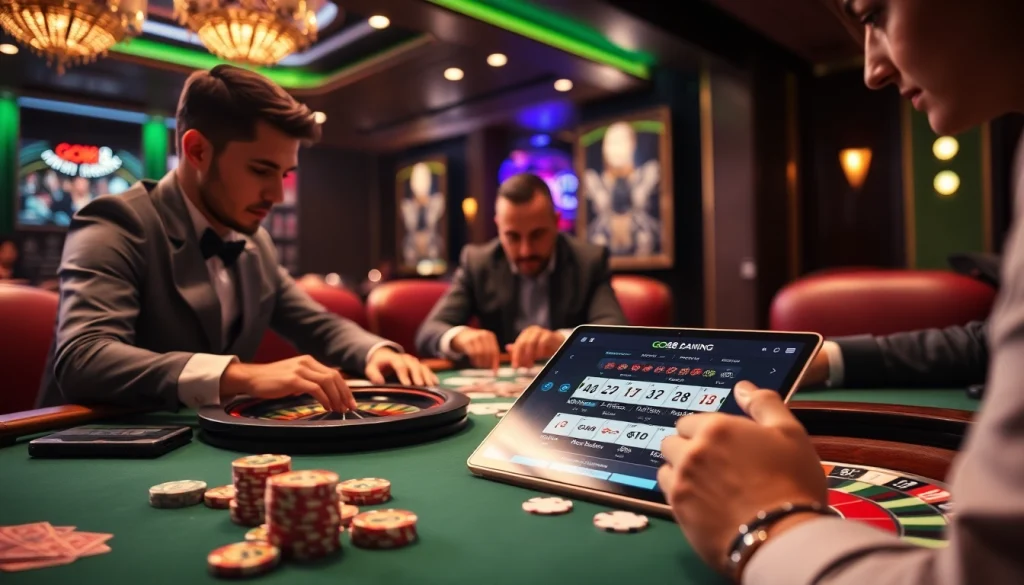 Players engaged in a high-stakes poker game at GO88, showcasing luxury and excitement in a professional casino setting.