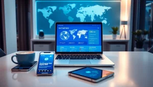 快连官网 interface displayed on a sleek laptop in a modern office setting.