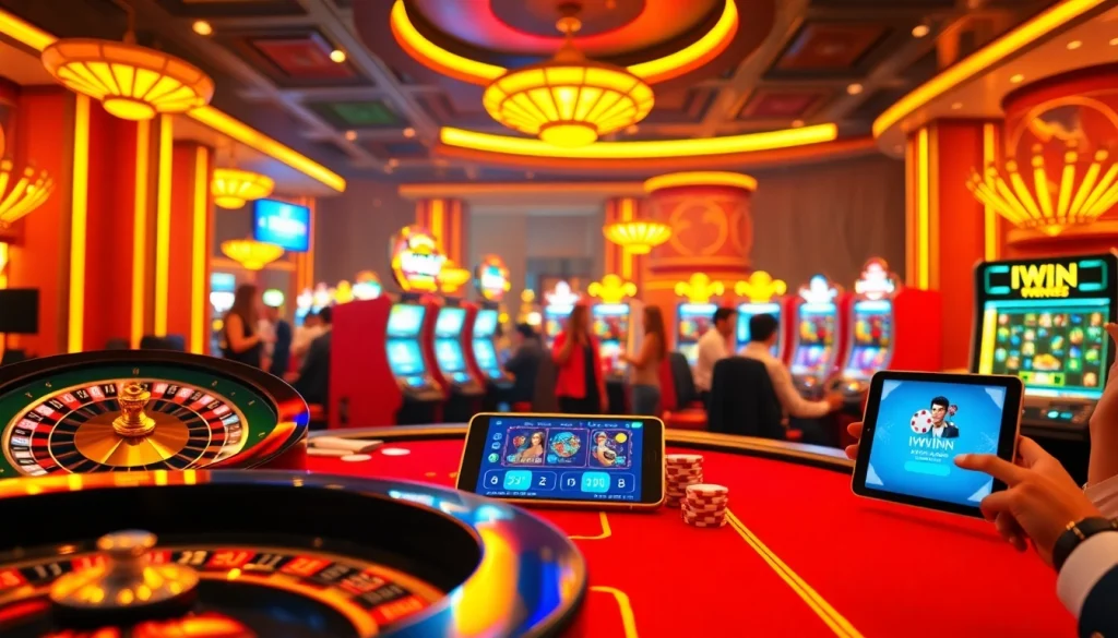 IWIN gaming experience with vibrant casino elements, featuring roulette and poker in an exciting atmosphere.