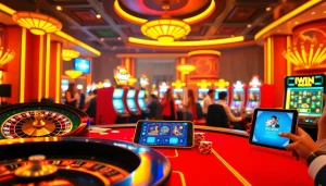 IWIN gaming experience with vibrant casino elements, featuring roulette and poker in an exciting atmosphere.