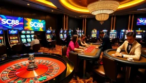 Experience excitement at SC88 with vibrant gambling visuals featuring roulette and poker games.