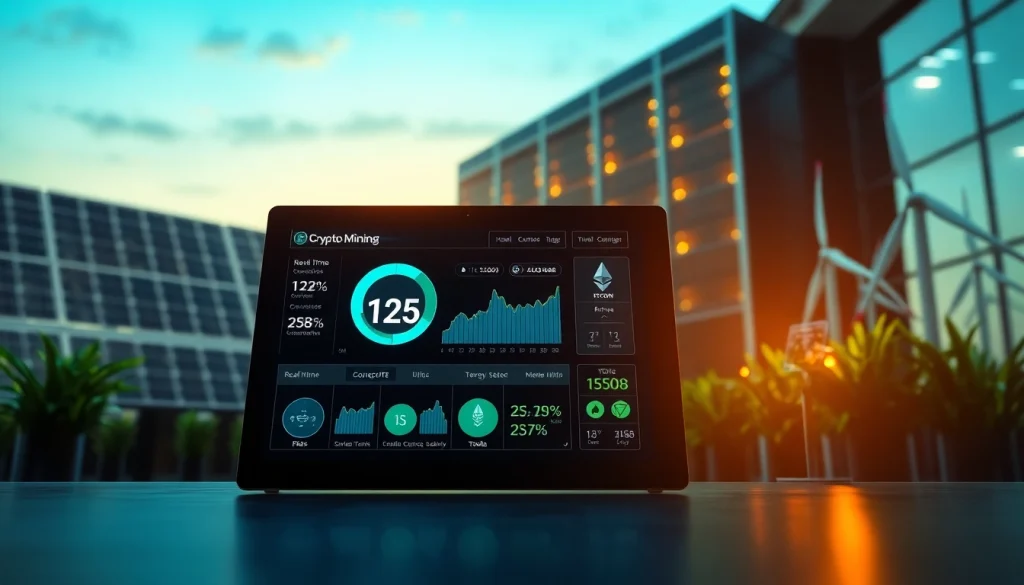 Visual representation of free crypto mining with digital interface and renewable energy elements.