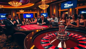 Experience the thrill of 12bet as players engage in an exciting game around a roulette wheel in a luxurious casino.