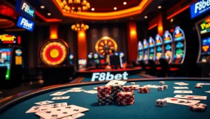 Experience high-stakes gaming at F8bet's vibrant casino with poker tables and slot machines.