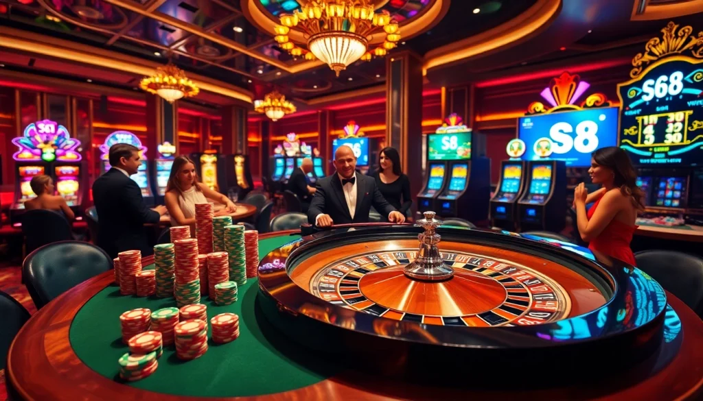 Exciting gaming action at a casino featuring S8 poker tables and vibrant slot machines.