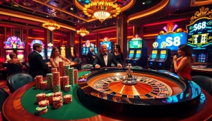 Exciting gaming action at a casino featuring S8 poker tables and vibrant slot machines.