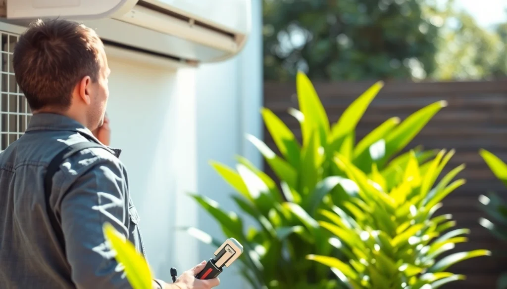 Technician performing ac repair glendale az in a bright residential environment surrounded by greenery.