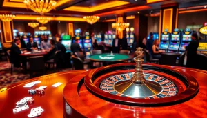 Experience luxury gaming with u888 com's elegant casino scene, featuring roulette and poker tables.