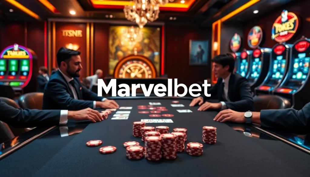 Marvelbet logo lights up a luxurious gaming scene with poker action and vibrant casino elements.