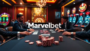 Marvelbet logo lights up a luxurious gaming scene with poker action and vibrant casino elements.