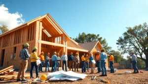 Builders collaborating at a site hosted by the Texas association of builders, emphasizing teamwork and construction.