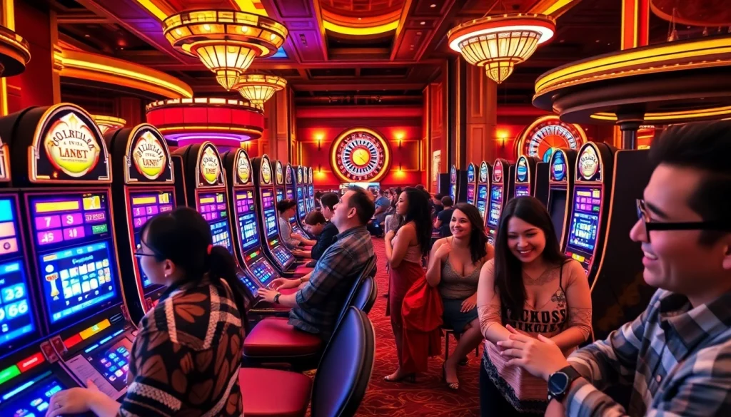 Experience the vibrant excitement of the 슬롯커뮤니티 in this luxurious casino scene with slot machines and players.
