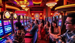 Experience the vibrant excitement of the 슬롯커뮤니티 in this luxurious casino scene with slot machines and players.