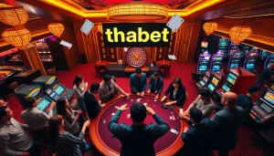Players enjoying a thrilling poker game in a luxury casino with vibrant lights at thabet.