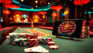 Trải nghiệm sự hứng khởi với ứng dụng Bet VIP, hiển thị các chip poker cược cao và các trò casino.