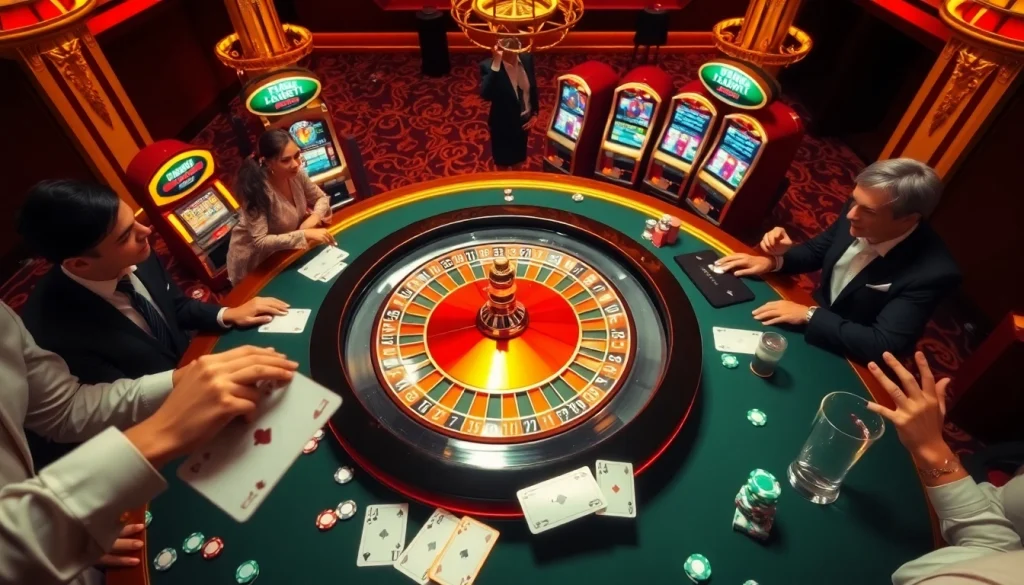 Experience top 10 nhà cái uy tín at a thrilling casino scene with roulette and poker excitement.