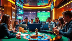 Engaging gamblers with real-time betting using 7mcn online platform amidst a vibrant casino atmosphere.