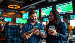 Engaging representation of sports betting California with friends using mobile apps in a lively sports bar.