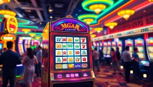 Menyenangkan permainan mahjong slot di mesin slot dengan suasana kasino yang meriah.