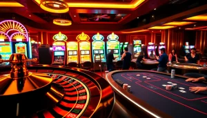 Experience the thrill of gaming at https://s88.works/ with a vibrant casino scene featuring roulette and slot machines.