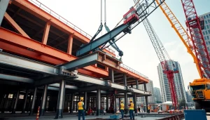 Workers conducting structural steel installation at a busy construction site.