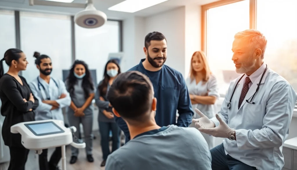 Consultation for hair transplant UK in a modern clinic environment, illustrating patient-surgeon interaction.